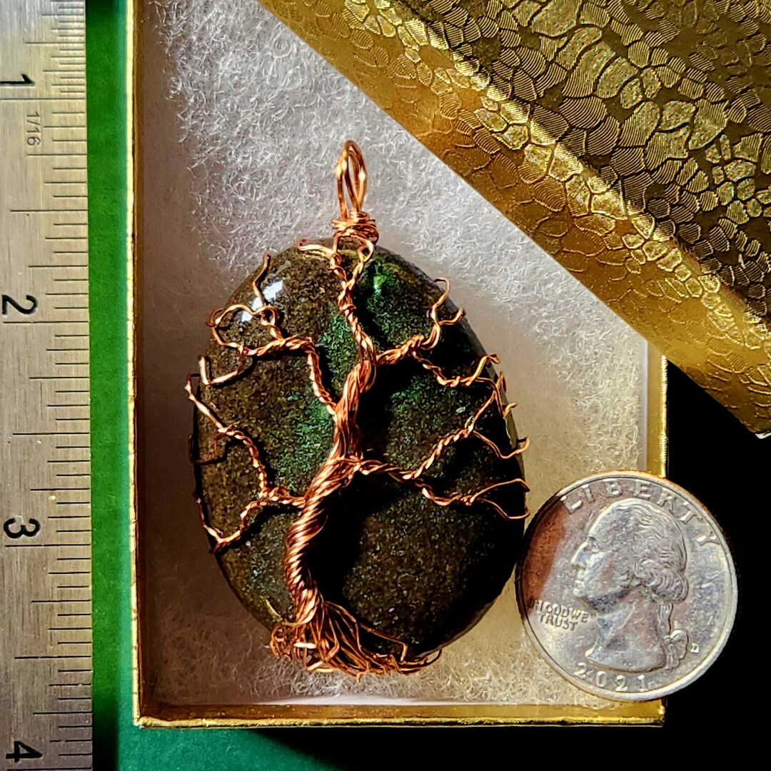 Green or copper Tree of Life stone pendants, copper wire wrapped